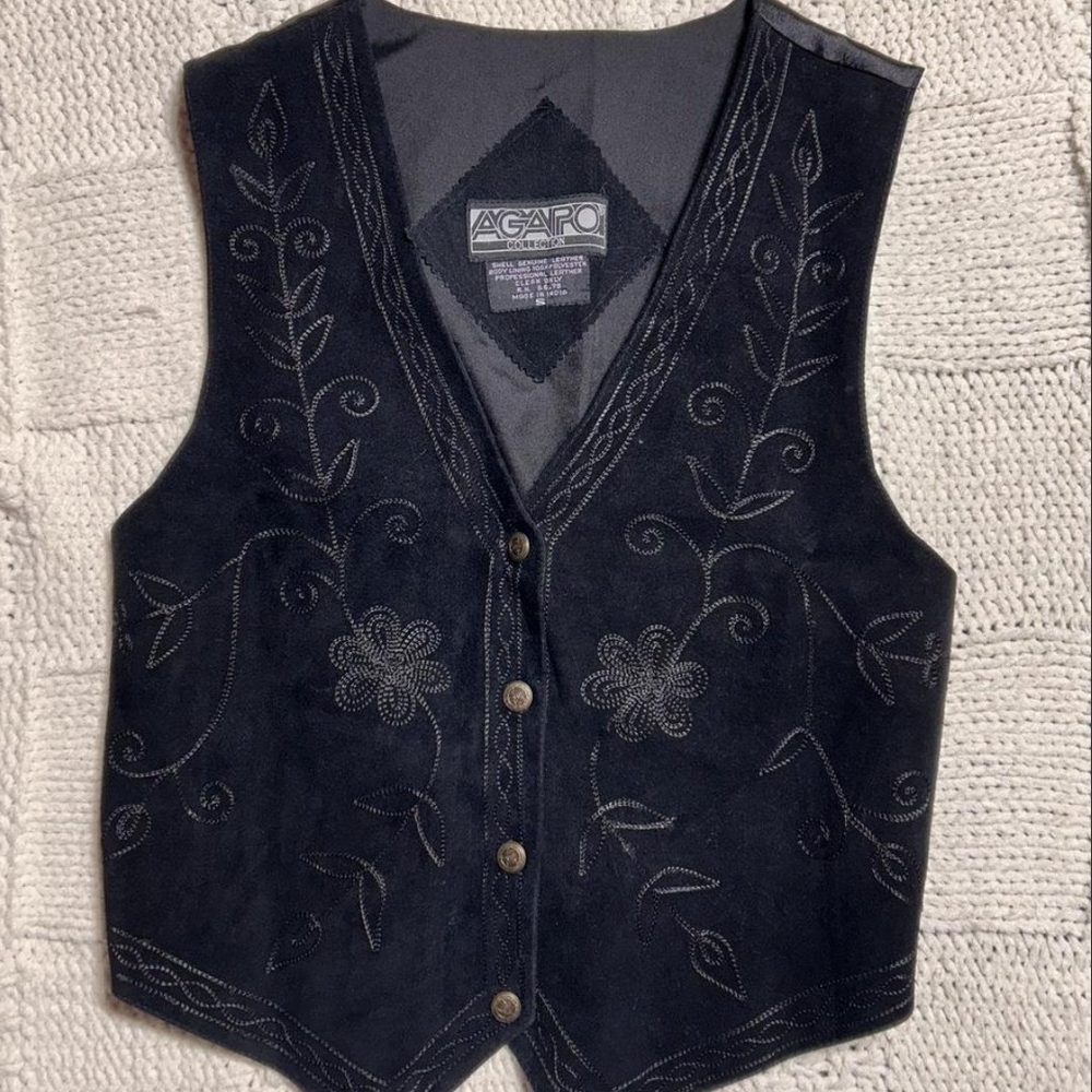 Agapo Genuine Leather Black Embroidered Vest